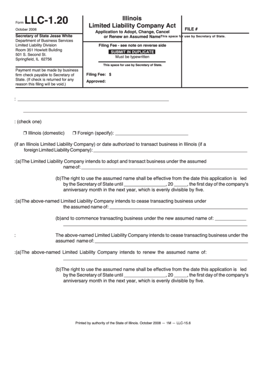 Fillable Form Llc-1.20 - Application To Adopt, Change, Cancel Or Renew An Assumed Name Printable pdf