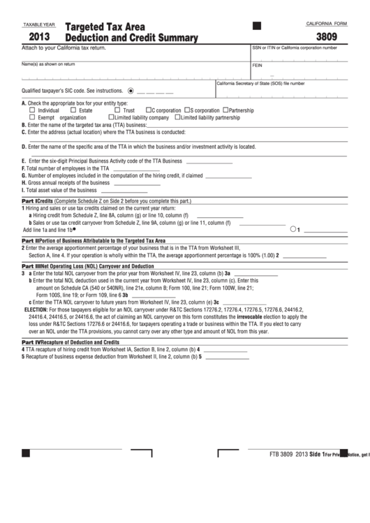 Fillable California Form 3809 - Targeted Tax Area Deduction And Credit Summary - 2013 Printable pdf