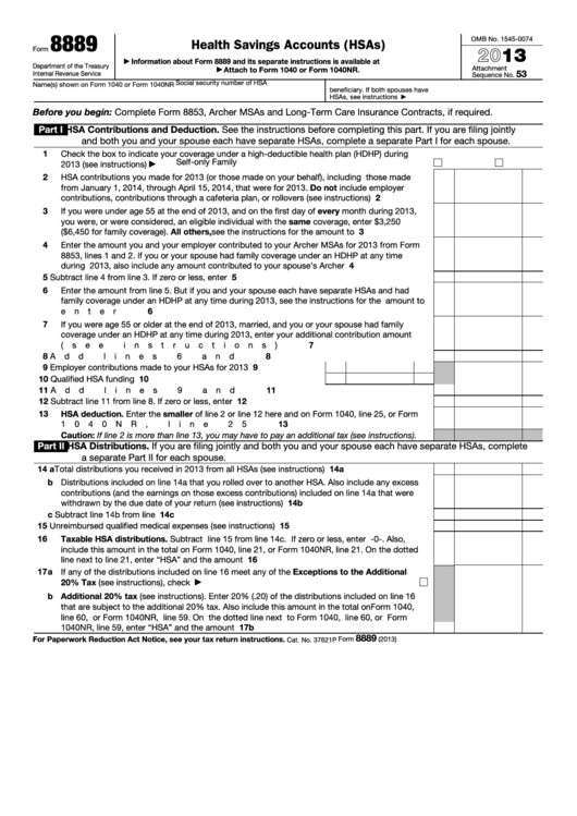 Fillable Form 8889 - Health Savings Accounts (Hsas) - 2013 Printable pdf