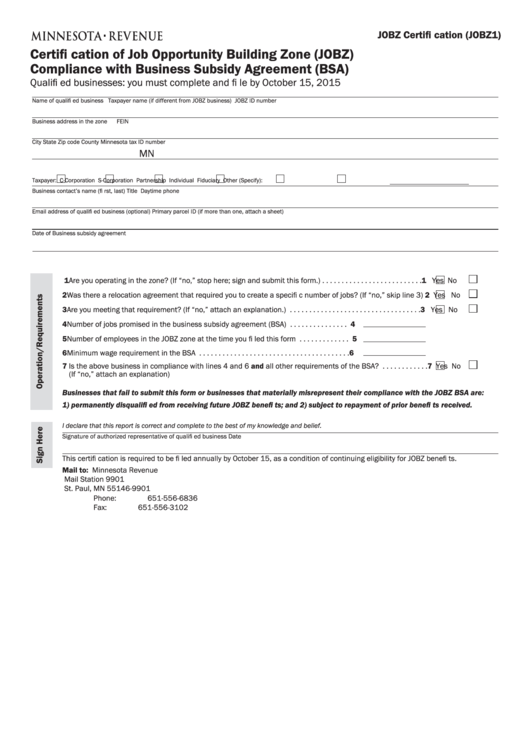 Fillable Form Jobz1 - Certification Of Job Opportunity Building Zone (Jobz), Compliance With Business Subsidy Agreement (Bsa) Printable pdf