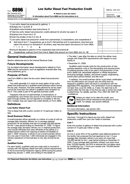 Fillable Form 8896 - Low Sulfur Diesel Fuel Production Credit Printable pdf