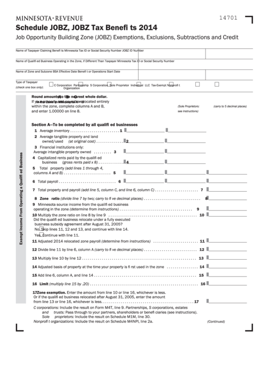 Fillable Schedule Jobz - Jobz Tax Benefits - 2014 Printable pdf