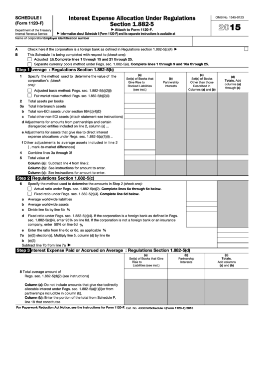 Fillable Schedule I (Form 1120-F) - Interest Expense Allocation Under Regulations Section 1.882-5 - 2015 Printable pdf