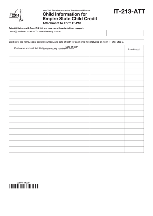 Fillable Form It-213-Att - Child Information For Empire State Child Credit - 2014 Printable pdf