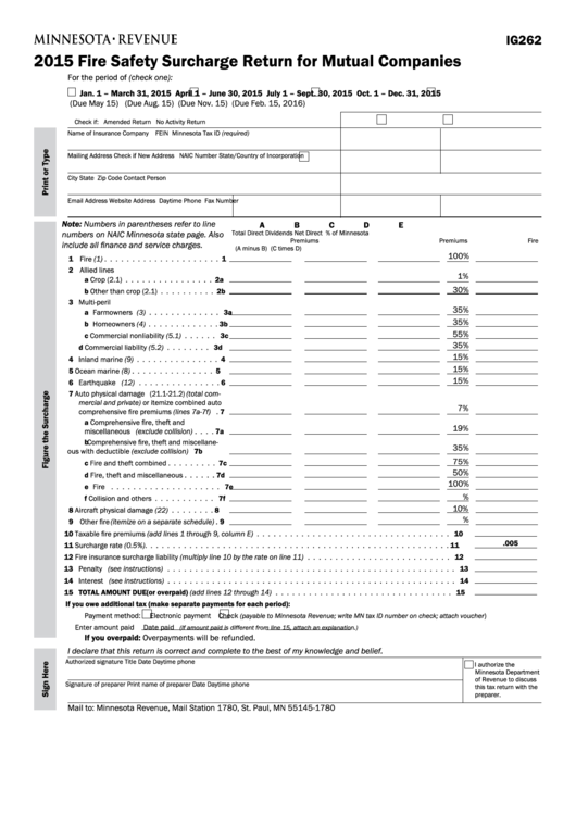 Fillable Form Ig262 - Fire Safety Surcharge Return For Mutual Companies - 2015 Printable pdf