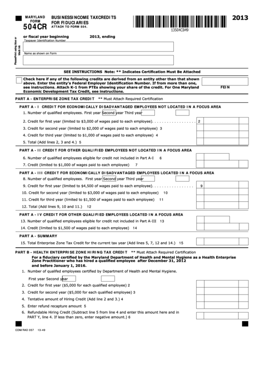 Fillable Maryland Form 504cr - Business Income Tax Credits For Fiduciaries - 2013 Printable pdf