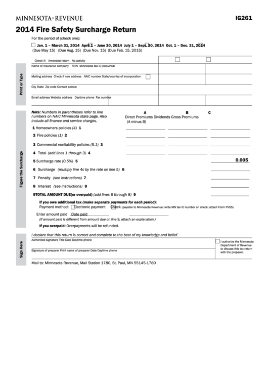 Fillable Form Ig261 - Fire Safety Surcharge Return - 2014 Printable pdf