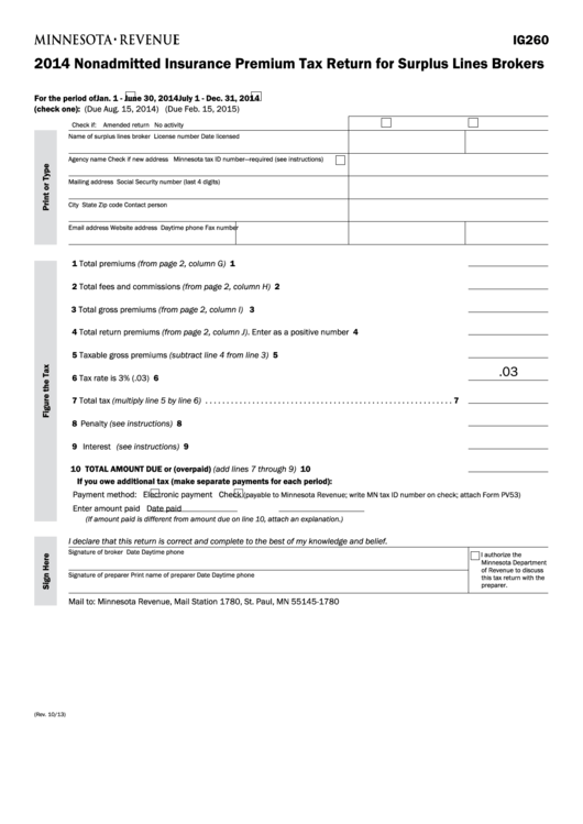 Fillable Form Ig260 - Nonadmitted Insurance Premium Tax Return For Surplus Lines Brokers - 2014 Printable pdf