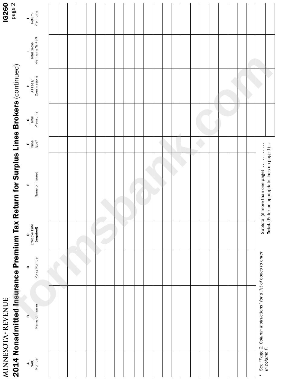 Form Ig260 - Nonadmitted Insurance Premium Tax Return For Surplus Lines Brokers - 2014
