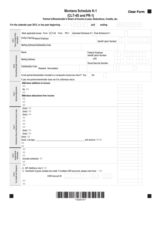 Fillable Montana Schedule K-1 (Forms Clt-4s And Pr-1) - Partner