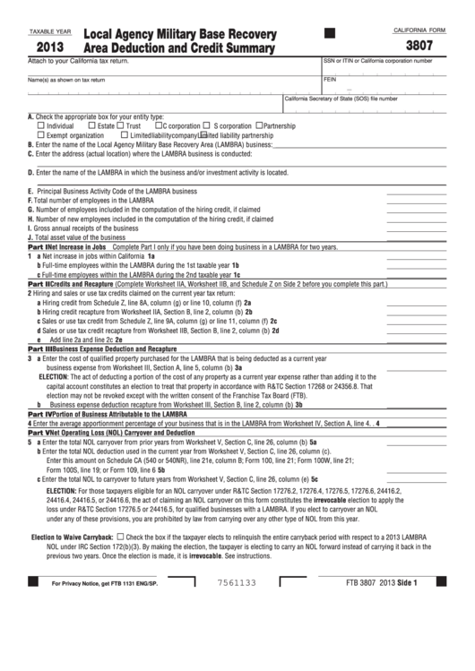 Fillable California Form 3807 - Local Agency Military Base Recovery Area Deduction And Credit Summary - 2013 Printable pdf