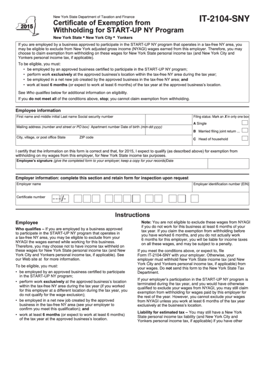 Form It-2104-Sny - Certificate Of Exemption From Withholding For Start-Up Ny Program - 2015 Printable pdf