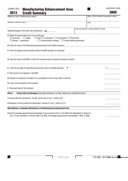 Fillable California Form 3808 - Manufacturing Enhancement Area Credit Summary - 2013 Printable pdf