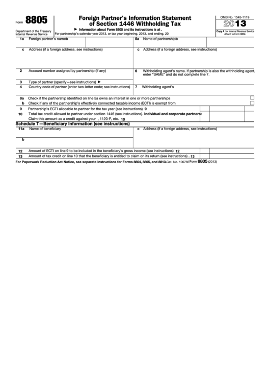 Form 8805 - Foreign Partner's Information Statement Of Section 1446 Withholding Tax - 2013