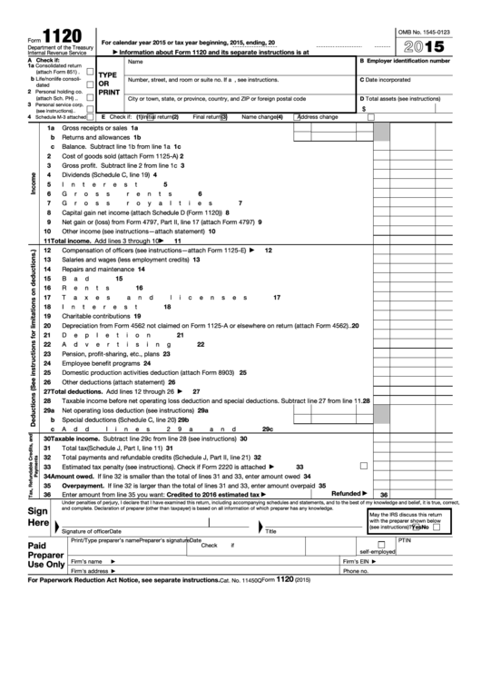 Fillable Form 1120 - U.s. Corporation Income Tax Return - 2015 Printable pdf