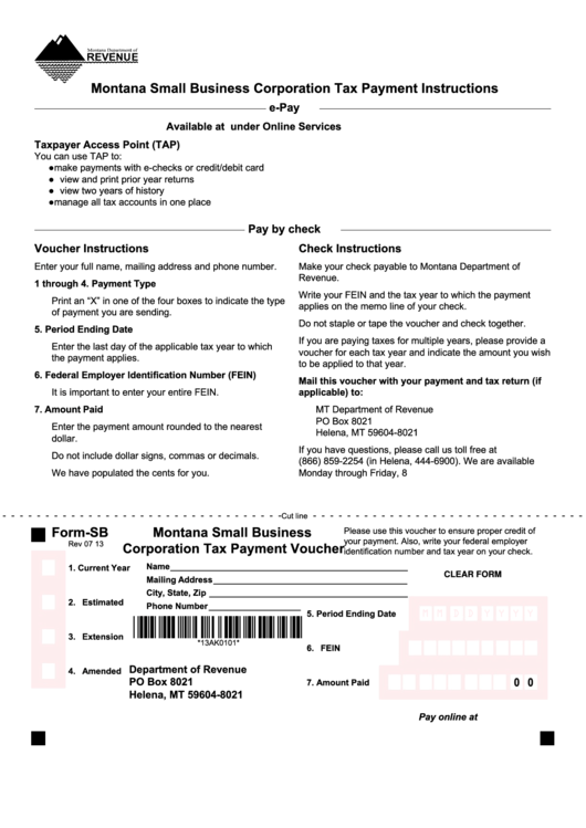 Fillable Form-Sb - Montana Small Business Corporation Tax Payment Voucher Printable pdf
