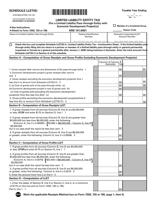 Schedule Llet(K) (Form 41a720llet(K)) - Limited Liability Entity Tax For A Limited Liability Pass-Through Entity With Economic Development Project(S) Printable pdf