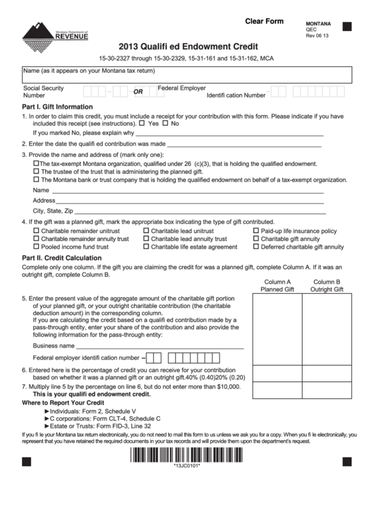 Fillable Form Qec - Qualified Endowment Credit - 2013 Printable pdf