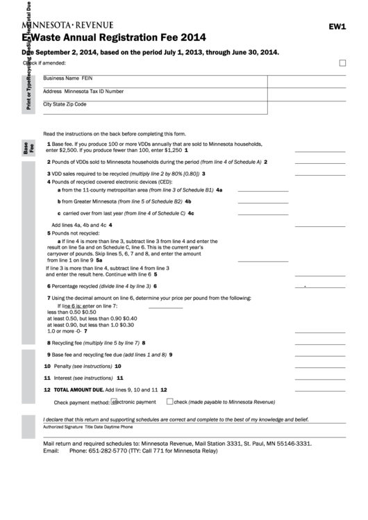 Fillable Form Ew1 - E-Waste Annual Registration Fee - 2014 Printable pdf