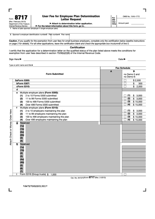 Fillable Form 8717 - User Fee For Employee Plan Determination Letter Request Printable pdf