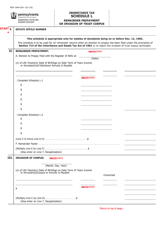 Fillable Schedule L (Form Rev-1644) - Remainder Prepayment Or Invasion Of Trust Corpus Printable pdf