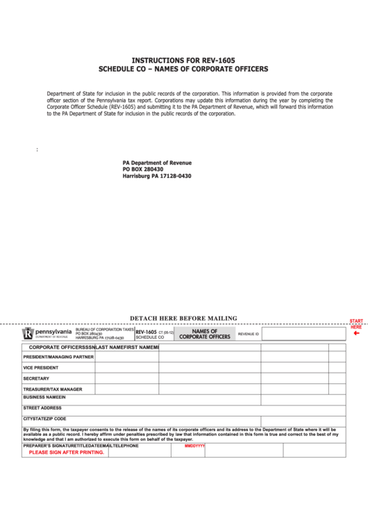 Fillable Schedule Co (Form Rev-1605) - Names Of Corporate Officers Printable pdf