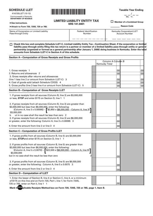 Schedule Llet (Form 41a720llet) - Limited Liability Entity Tax Printable pdf