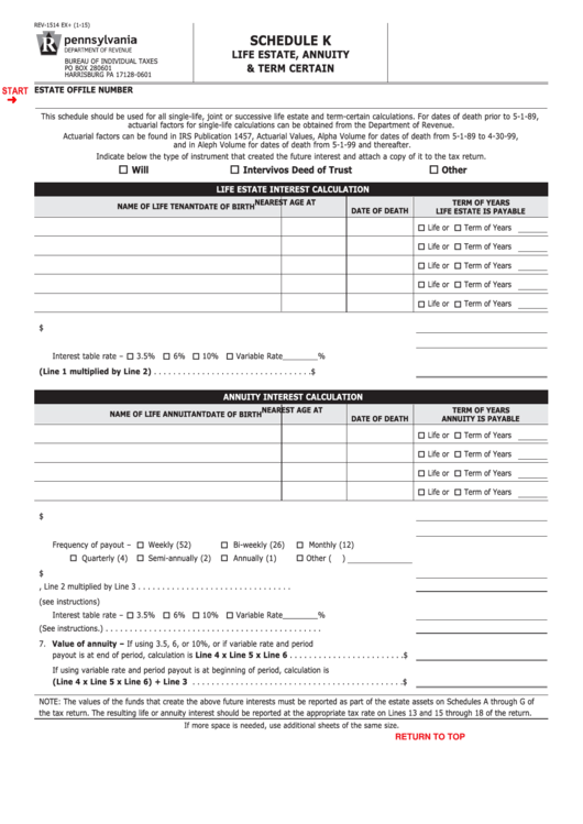 Fillable Schedule K (Form Rev-1514) - Life Estate, Annuity & Term Certain Printable pdf