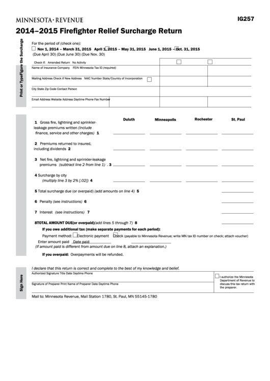 Fillable Form Ig257 - 2014-2015 Firefighter Relief Surcharge Return Printable pdf