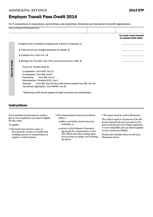 Fillable Form Etp - Employer Transit Pass Credit - 2014 Printable pdf