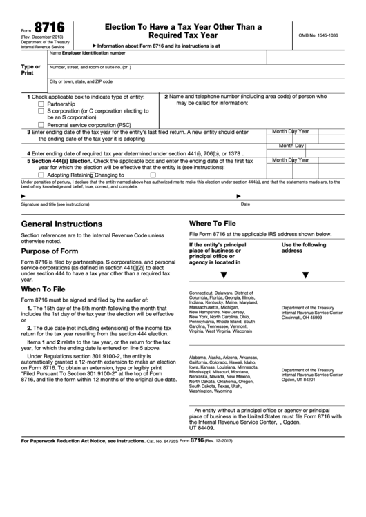 Fillable Form 8716 - Election To Have A Tax Year Other Than A Required Tax Year Printable pdf