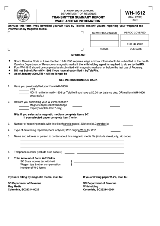 Form Wh-1612 - Transmitter Summary Report Wage And Tax Information Printable pdf