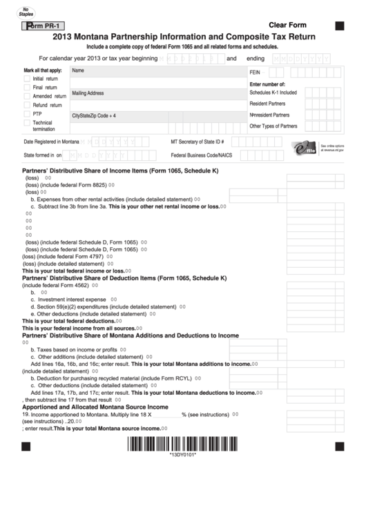 Fillable Form Pr-1 - Montana Partnership Information And Composite Tax Return - 2013 Printable pdf