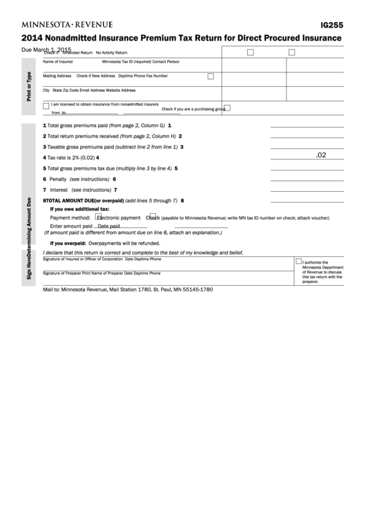 Fillable Form Ig255 - Nonadmitted Insurance Premium Tax Return For Direct Procured Insurance - 2014 Printable pdf