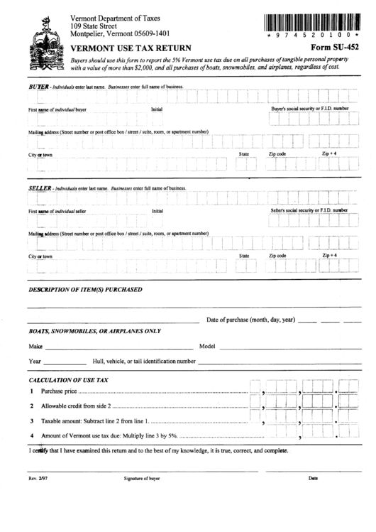 Form Su-452 - Vermont Use Tax Return Printable pdf