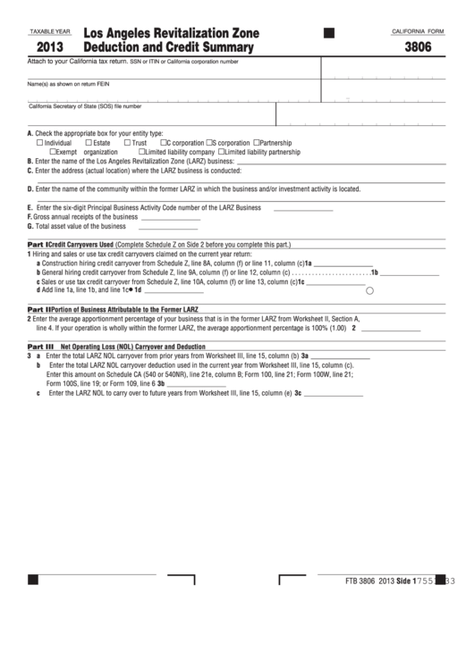 Fillable California Form 3806 - Los Angeles Revitalization Zone Deduction And Credit Summary - 2013 Printable pdf