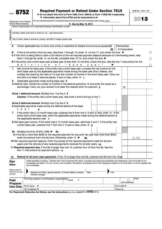 Fillable Form 8752 - Required Payment Or Refund Under Section 7519 - 2013 Printable pdf