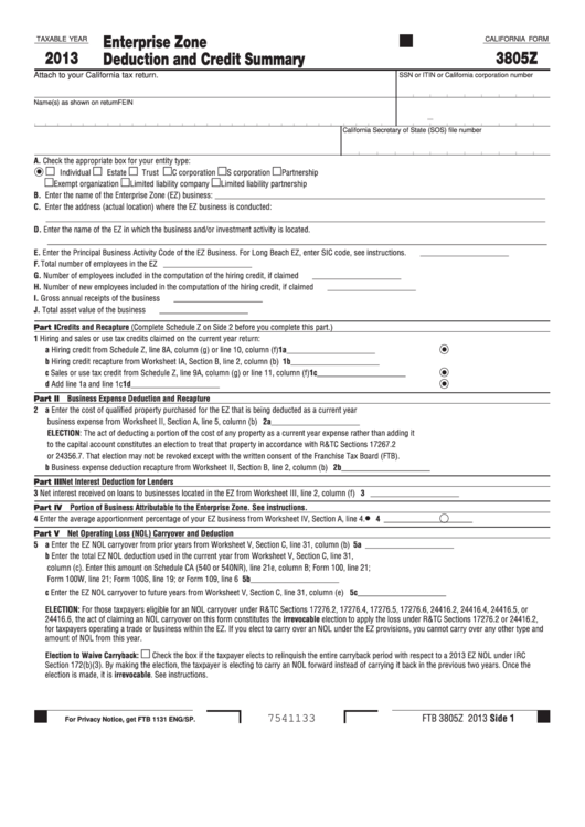 Fillable California Form 3805z - Enterprise Zone Deduction And Credit Summary - 2013 Printable pdf