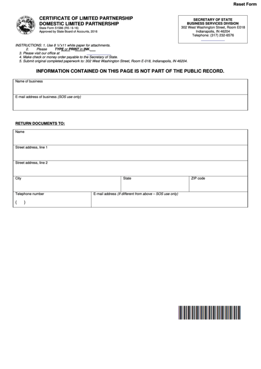 Fillable State Form 51586 - Certificate Of Limited Partnership Domestic Limited Partnership Printable pdf