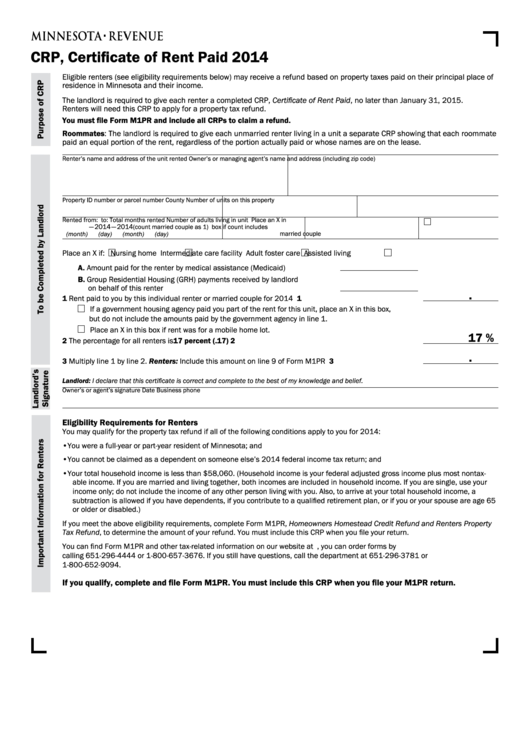 Fillable Form Crp - Certificate Of Rent Paid - 2014 Printable pdf