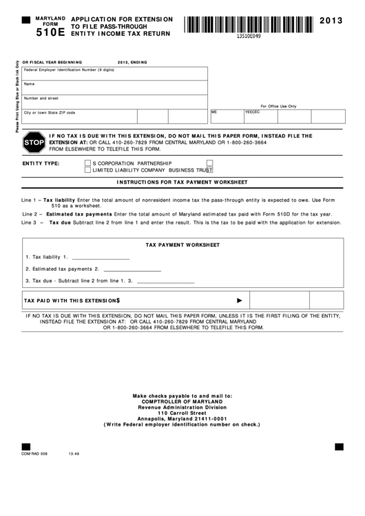 Fillable Maryland Form 510e - Application For Extension To File Pass-Through Entity Income Tax Return - 2013 Printable pdf