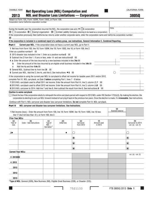 Fillable California Form 3805q - Net Operating Loss (Nol) Computation And Nol And Disaster Loss Limitations - Corporations - 2013 Printable pdf