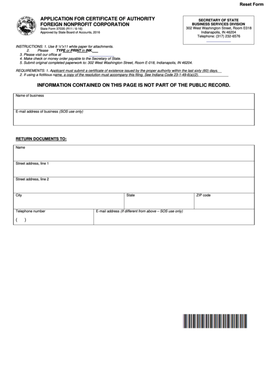 Fillable State Form 37035 - Application For Certificate Of Authority Foreign Nonprofit Corporation - 2016 Printable pdf