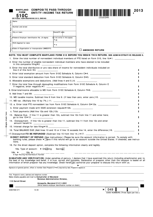 Fillable Maryland Form 510c - Composite Pass-Through Entity Income Tax Return - 2013 Printable pdf