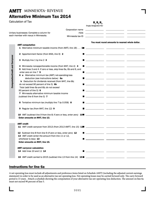 Fillable Schedule Amtt - Alternative Minimum Tax - 2014 Printable pdf