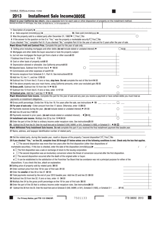 Fillable California Form 3805e - Installment Sale Income - 2013 Printable pdf