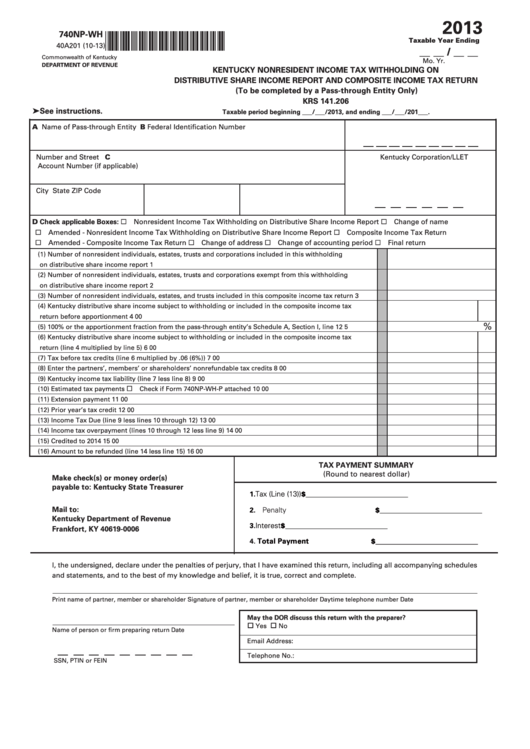 Form 740np-Wh - Kentucky Nonresident Income Tax Withholding On Distributive Share Income Report And Composite Income Tax Return - 2013 Printable pdf