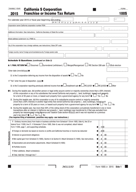 Form 100s - California S Corporation Franchise Or Income Tax Return - 2015 Printable pdf