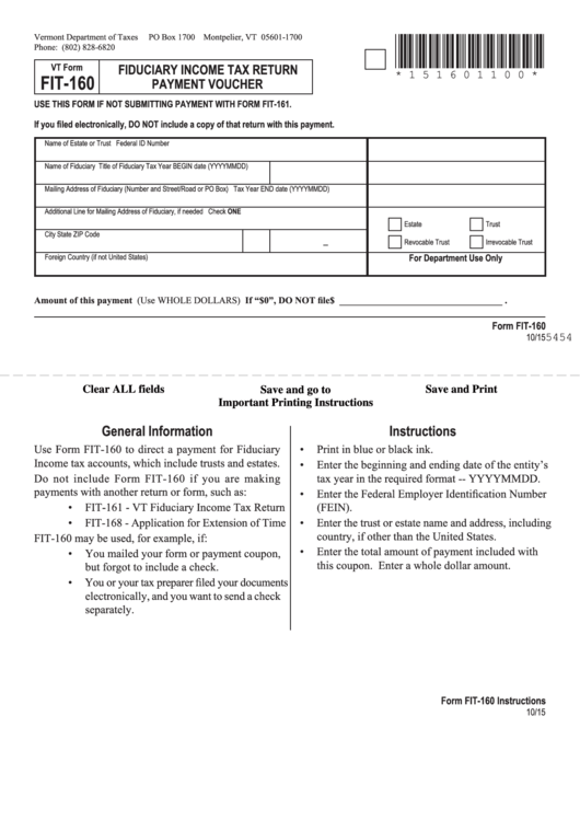 Fillable Vt Form Fit-160 - Fiduciary Income Tax Return Payment Voucher Printable pdf