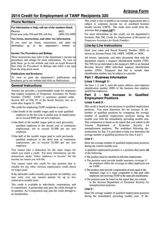 Arizona Form 320 - Credit For Employment Of Tanf Recipients - 2014 Printable pdf